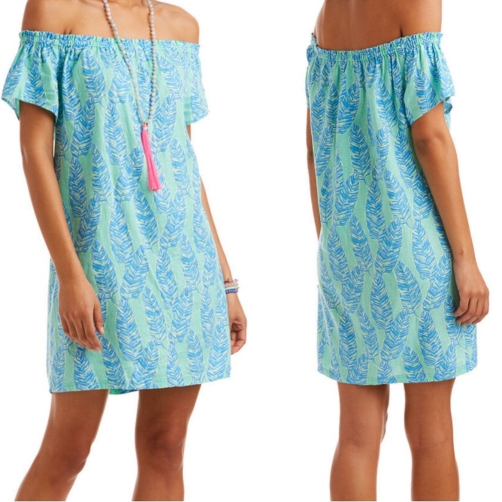 Vineyard Vines Palm Print Off the Shoulder Dress Size Medium Linen Cotton Blend
